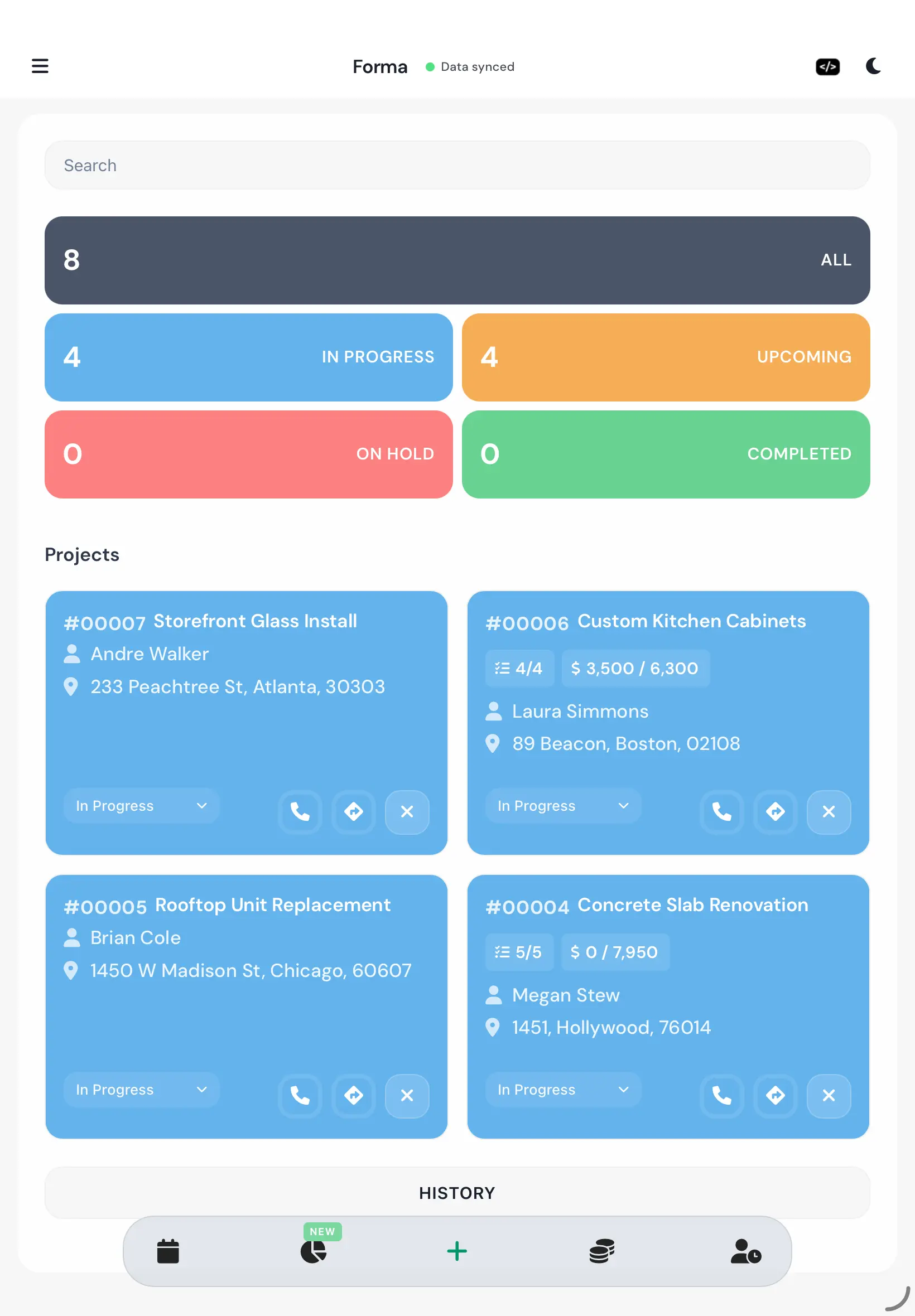 FORMA Dashboard screen on tablet