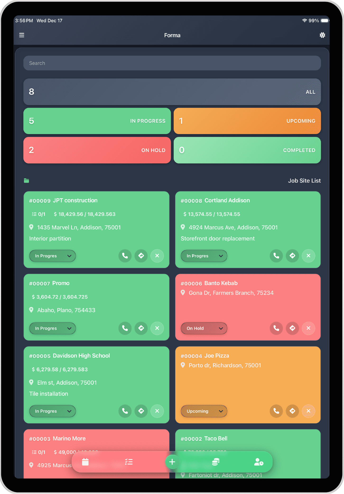 FORMA construction management app dashboard showing active construction projects on iPhone