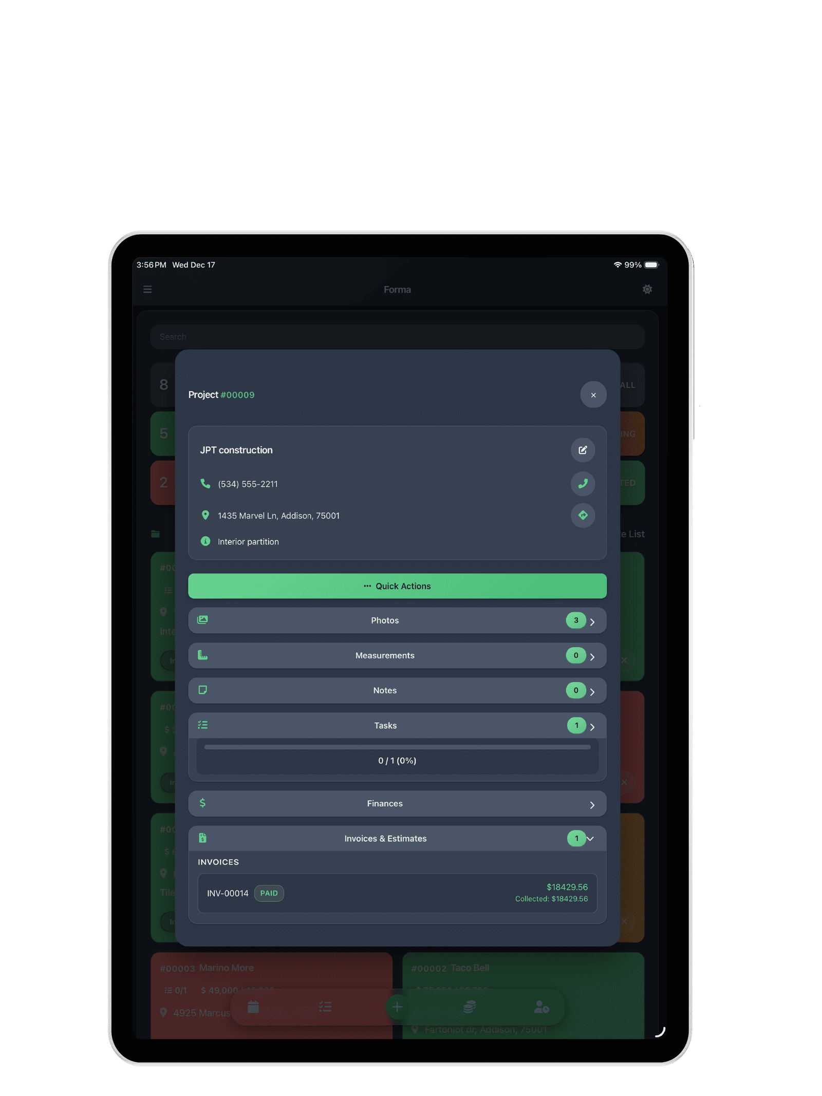 FORMA construction project management app showing job site details with photos and task list on iPhone