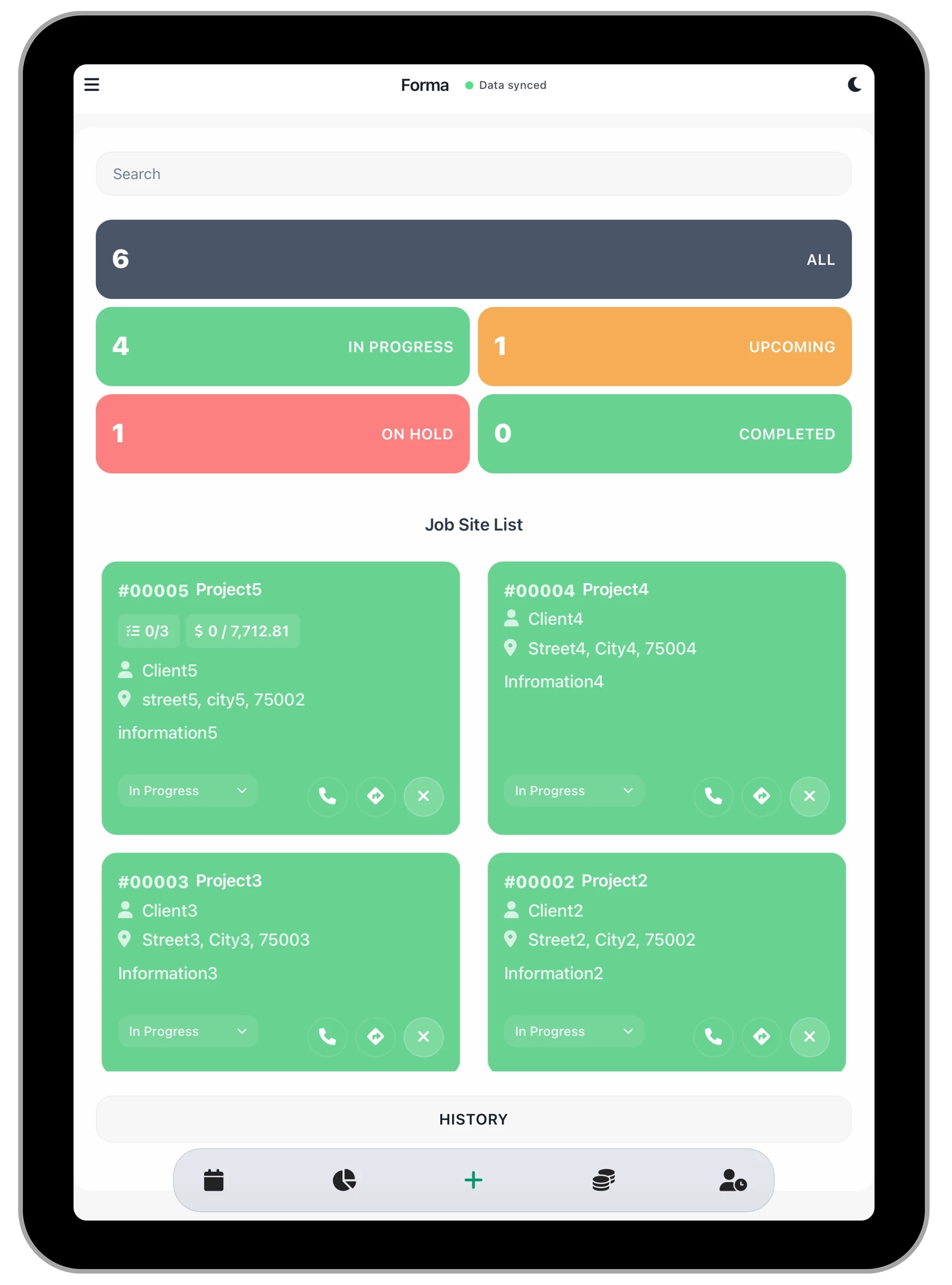 FORMA construction management app dashboard showing active construction projects on iPhone